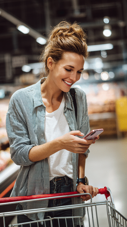 Frau im Supermarkt mit Einkaufswagen